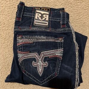 Rock Revival Men’s Jeans Size 34 Dark Wash Red Stitch Buckle